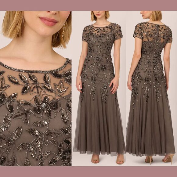 NWT Adrianna Papell‎ [ 2 ] Hand Beaded Short Sleeve Floral Godet Gown in Lead - Picture 1 of 15